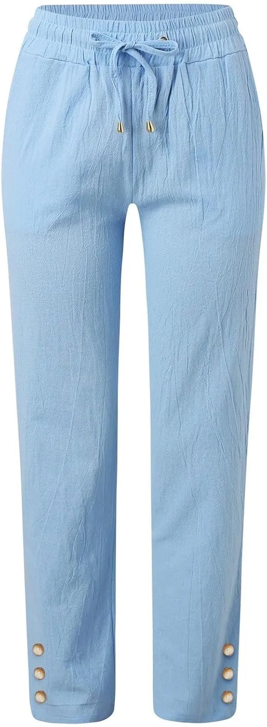 Women Linen Summer Beach Outfits 2025 Drawstring Slim Button Decorations Pants with Pockets Harem Casual Solid Sweatpants