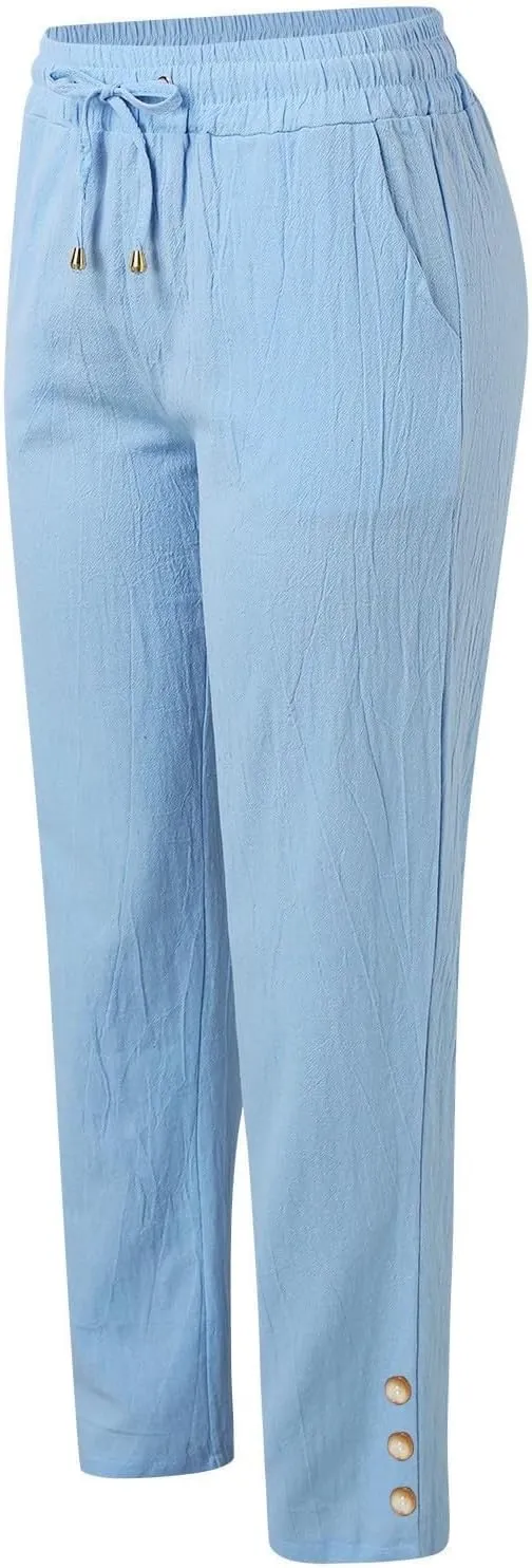 Women Linen Summer Beach Outfits 2025 Drawstring Slim Button Decorations Pants with Pockets Harem Casual Solid Sweatpants