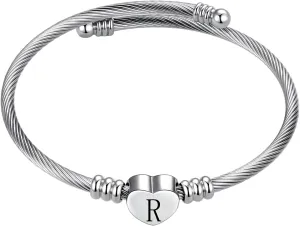Women Name Initial Letter Bangle Bracelets Silver Alphabet A-Z Bangle Bracelets Birthday Jewelry