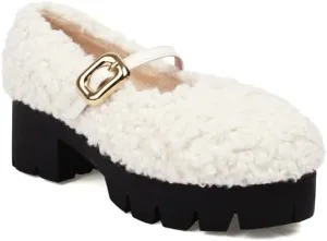 Women Platform Mary Jane Faux Fur Low Block Heels with Belt Buckles