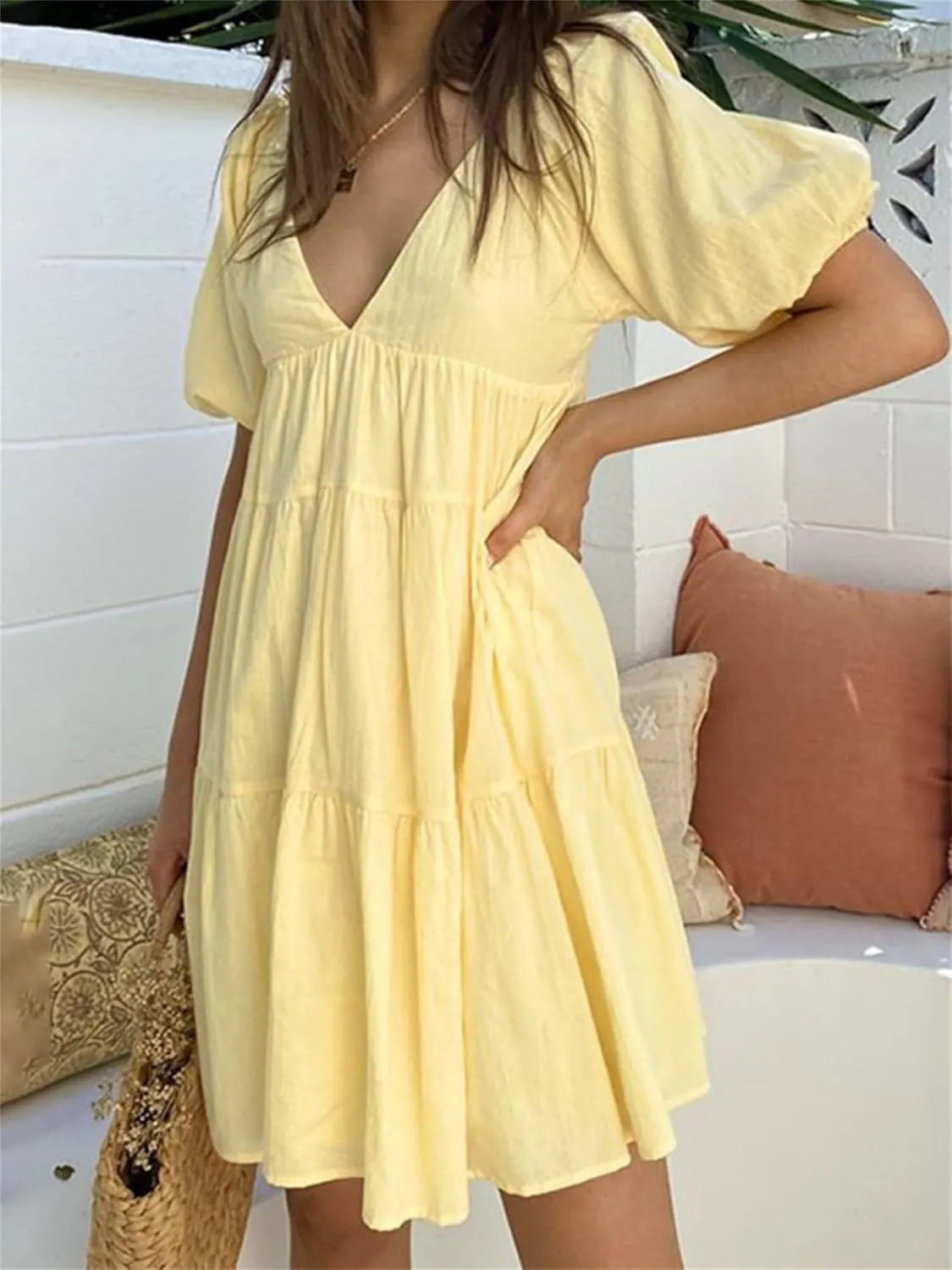 Women Puff Short Sleeve Mini Dress V-Neck Casual Flowy Babydoll Dresses A-Line Ruffle Beach Vacation Short Sundress