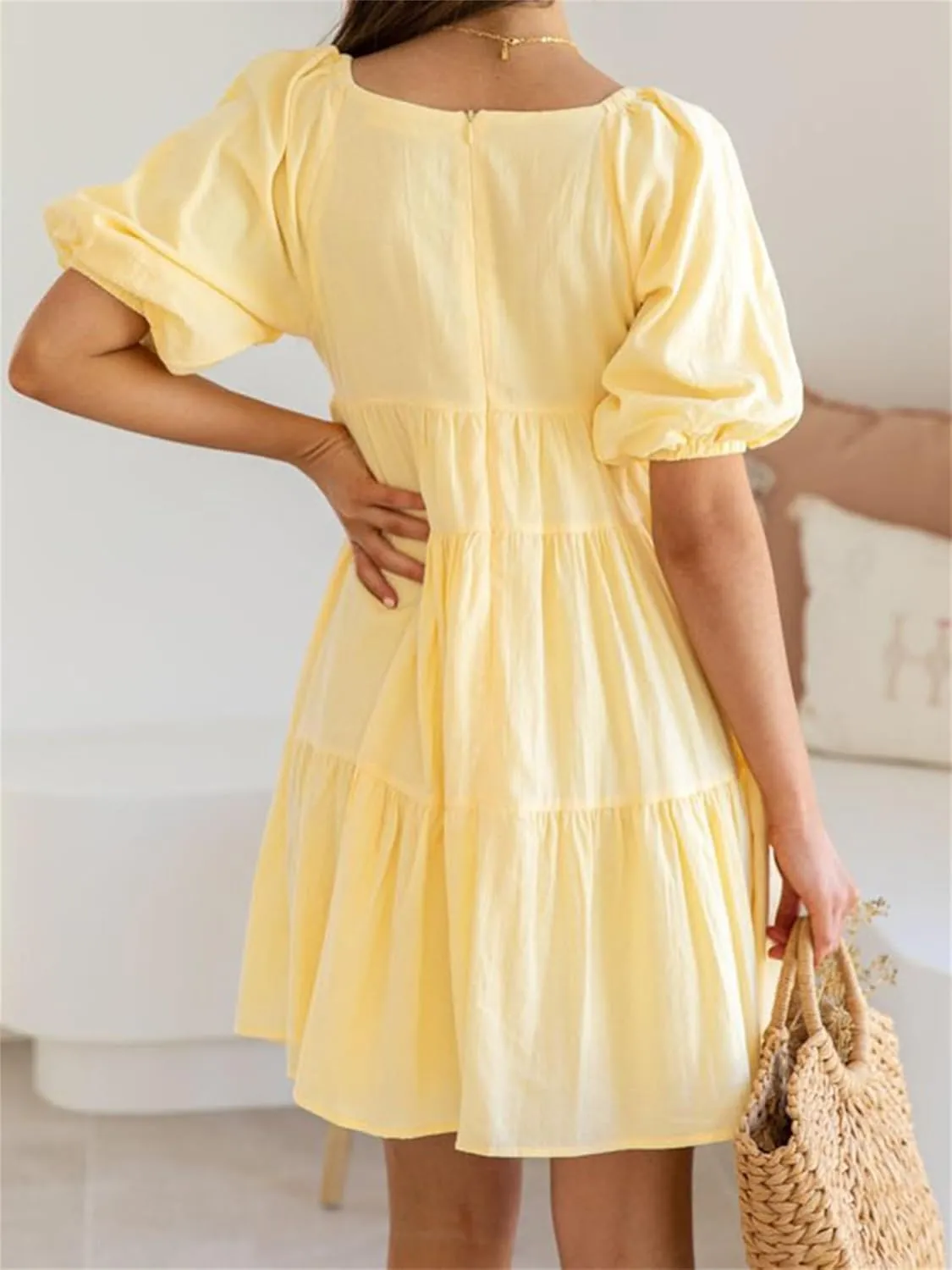 Women Puff Short Sleeve Mini Dress V-Neck Casual Flowy Babydoll Dresses A-Line Ruffle Beach Vacation Short Sundress