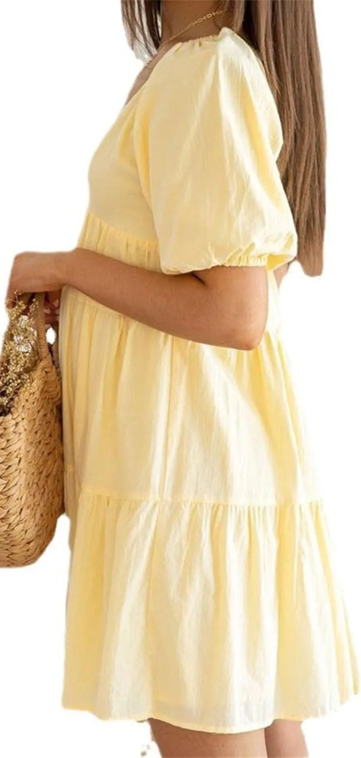 Women Puff Short Sleeve Mini Dress V-Neck Casual Flowy Babydoll Dresses A-Line Ruffle Beach Vacation Short Sundress