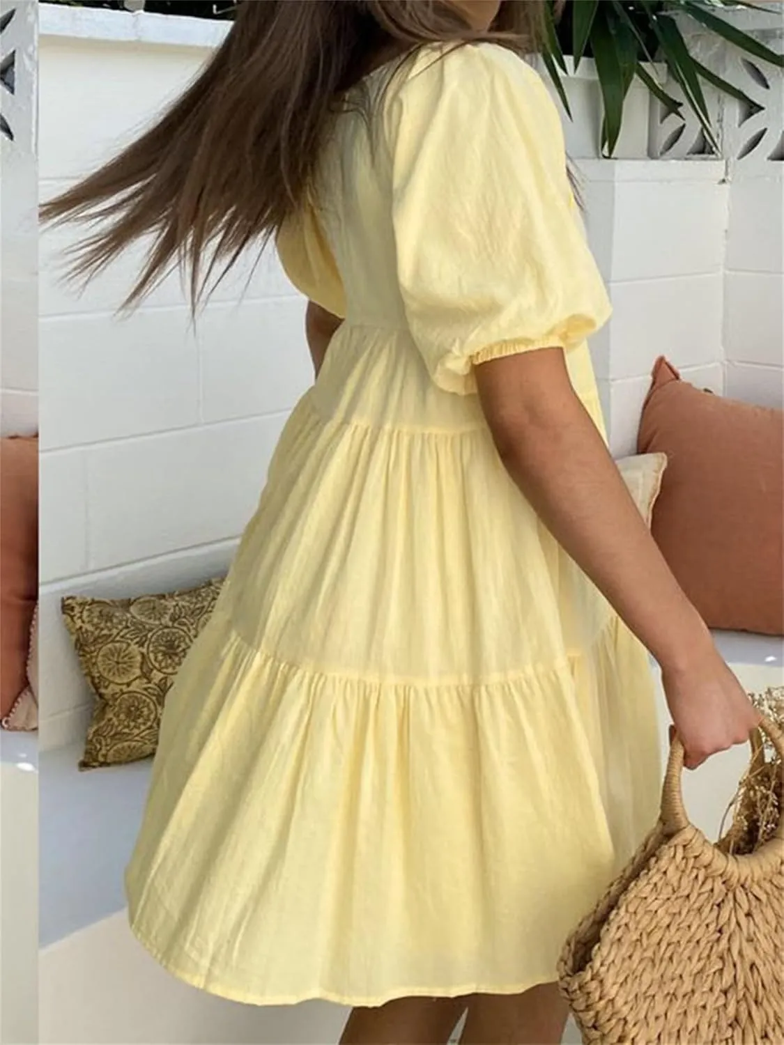 Women Puff Short Sleeve Mini Dress V-Neck Casual Flowy Babydoll Dresses A-Line Ruffle Beach Vacation Short Sundress