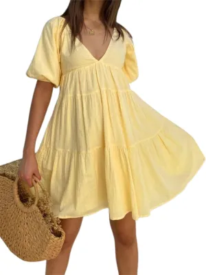 Women Puff Short Sleeve Mini Dress V-Neck Casual Flowy Babydoll Dresses A-Line Ruffle Beach Vacation Short Sundress