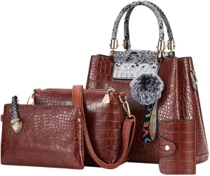 Women Purse Handbag 4pcs Faux Leather Satchel Crocodile Pattern Shoulder Bags Clutch Card Holder