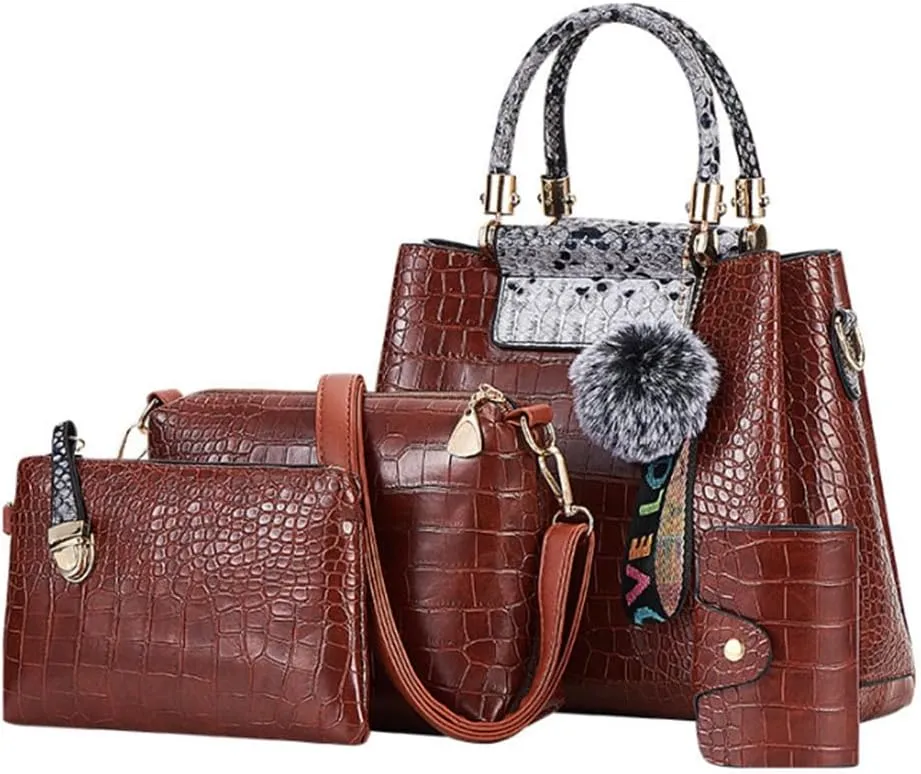 Women Purse Handbag 4pcs Faux Leather Satchel Crocodile Pattern Shoulder Bags Clutch Card Holder