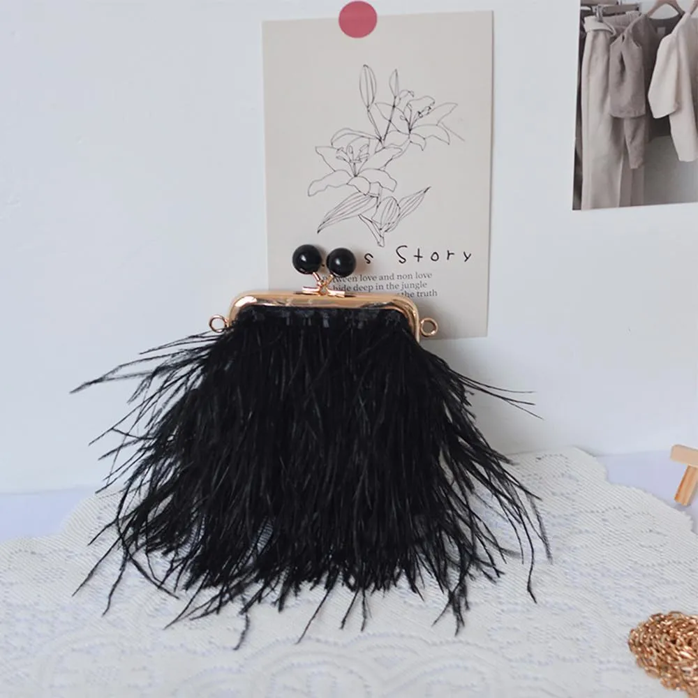 Women Real Natural Single-sided Ostrich Feather Fluffy Evening Handbags Shoulder Crossbody Purses Clutch Wedding Party Black