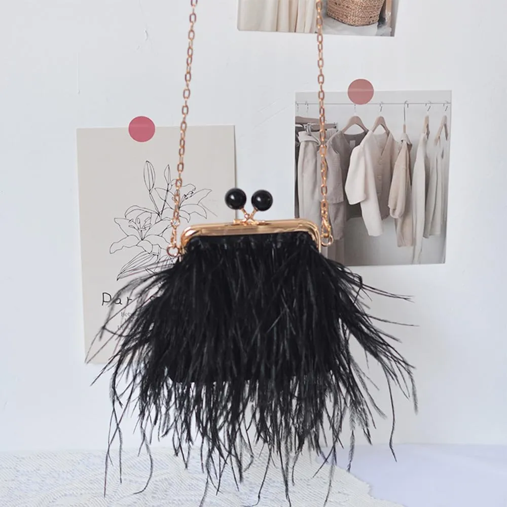 Women Real Natural Single-sided Ostrich Feather Fluffy Evening Handbags Shoulder Crossbody Purses Clutch Wedding Party Black