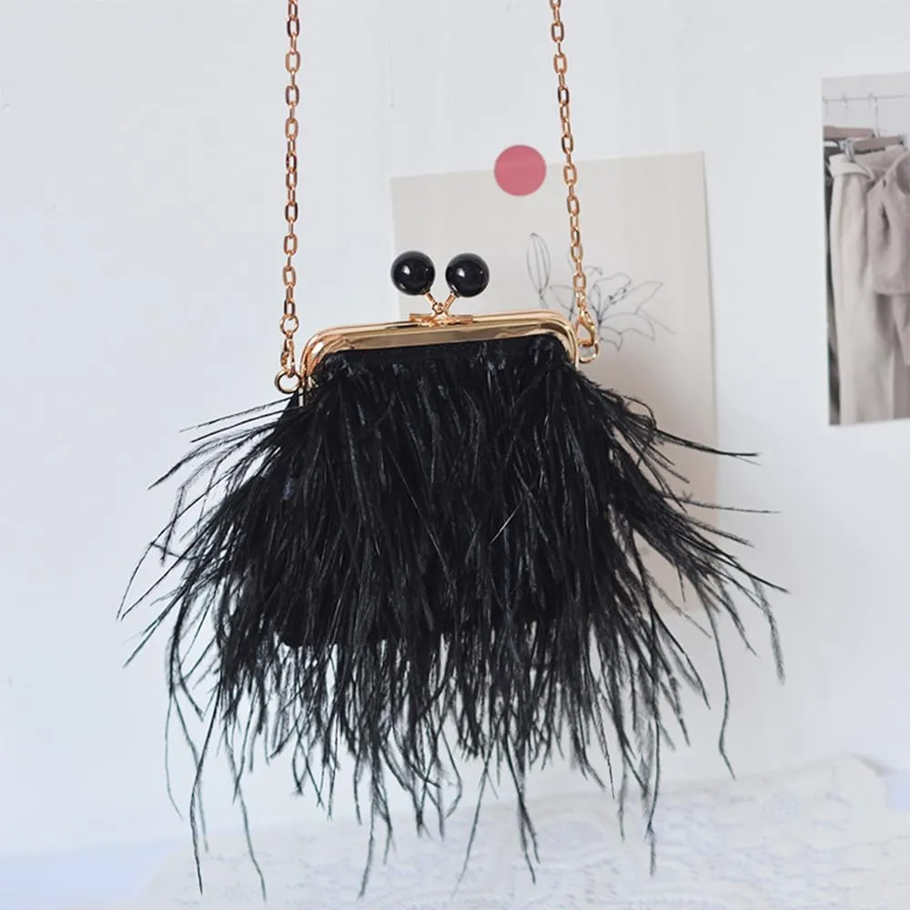 Women Real Natural Single-sided Ostrich Feather Fluffy Evening Handbags Shoulder Crossbody Purses Clutch Wedding Party Black