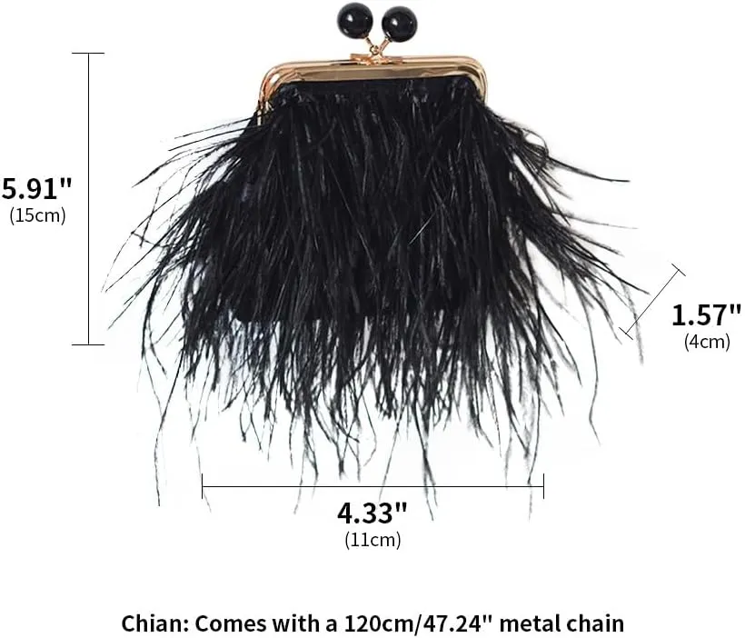 Women Real Natural Single-sided Ostrich Feather Fluffy Evening Handbags Shoulder Crossbody Purses Clutch Wedding Party Black