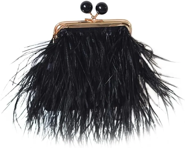 Women Real Natural Single-sided Ostrich Feather Fluffy Evening Handbags Shoulder Crossbody Purses Clutch Wedding Party Black
