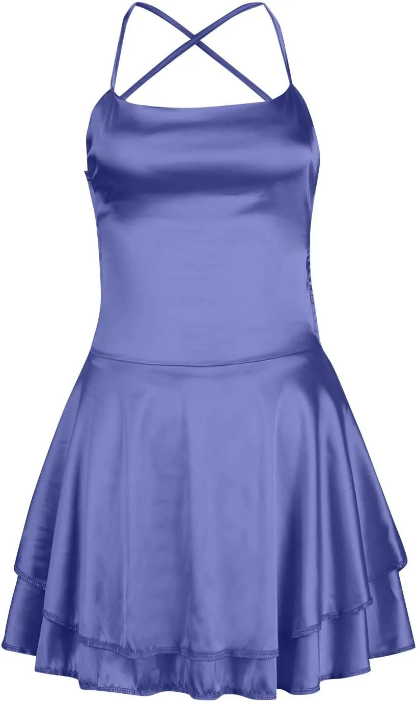 Women Sexy Short Romper Satin Dress Backless Tie-Up Spaghetti Strap Ruffle Layer Jumpsuit Summer Mini Dress