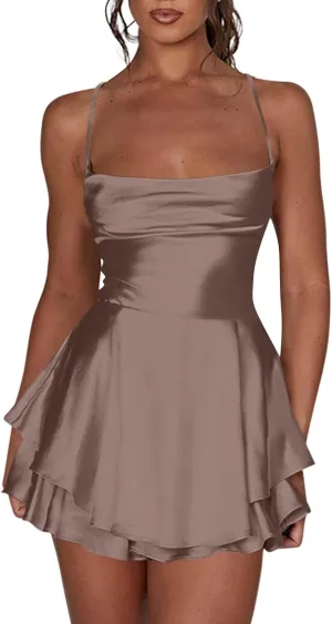 Women Sexy Short Romper Satin Dress Backless Tie-Up Spaghetti Strap Ruffle Layer Jumpsuit Summer Mini Dress
