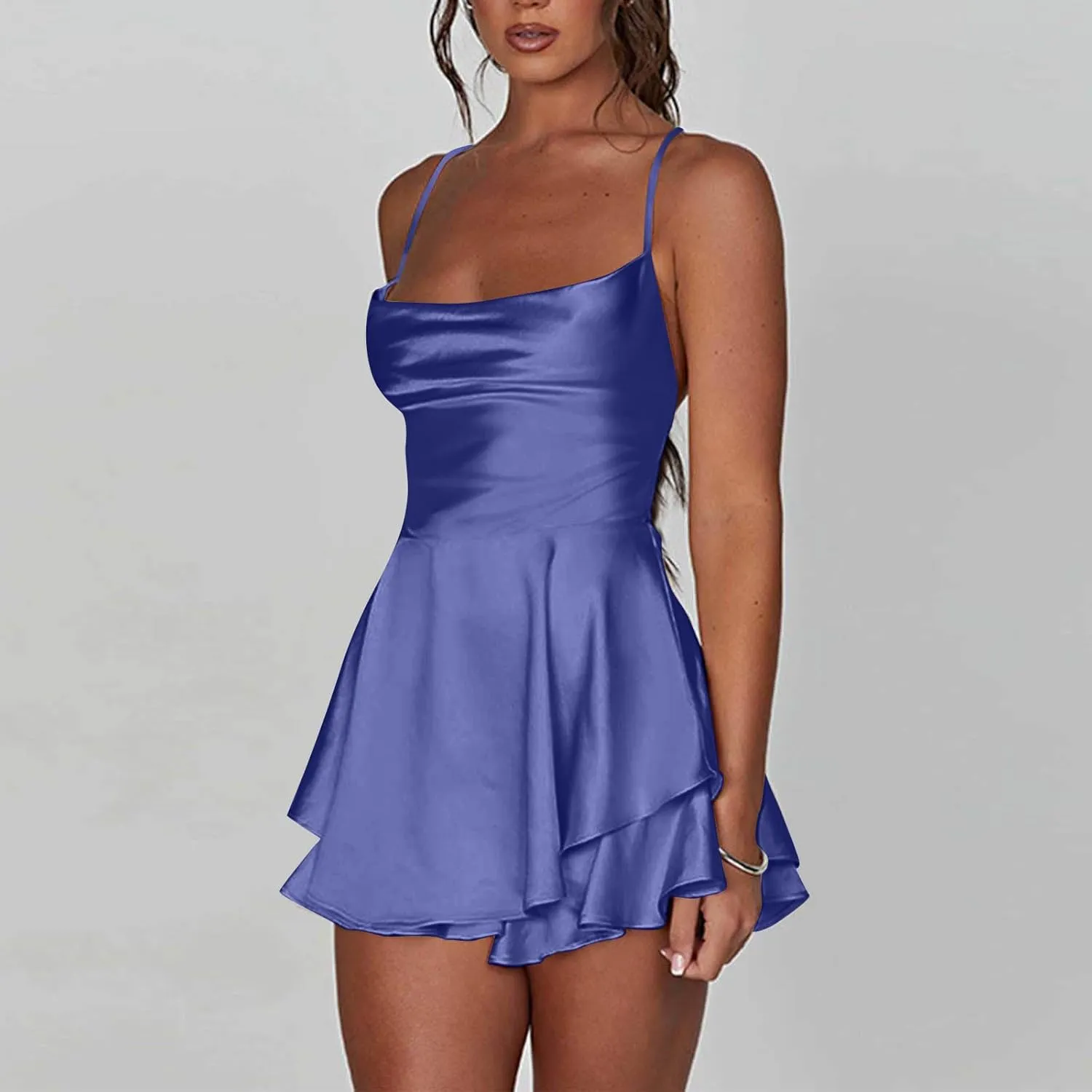 Women Sexy Short Romper Satin Dress Backless Tie-Up Spaghetti Strap Ruffle Layer Jumpsuit Summer Mini Dress