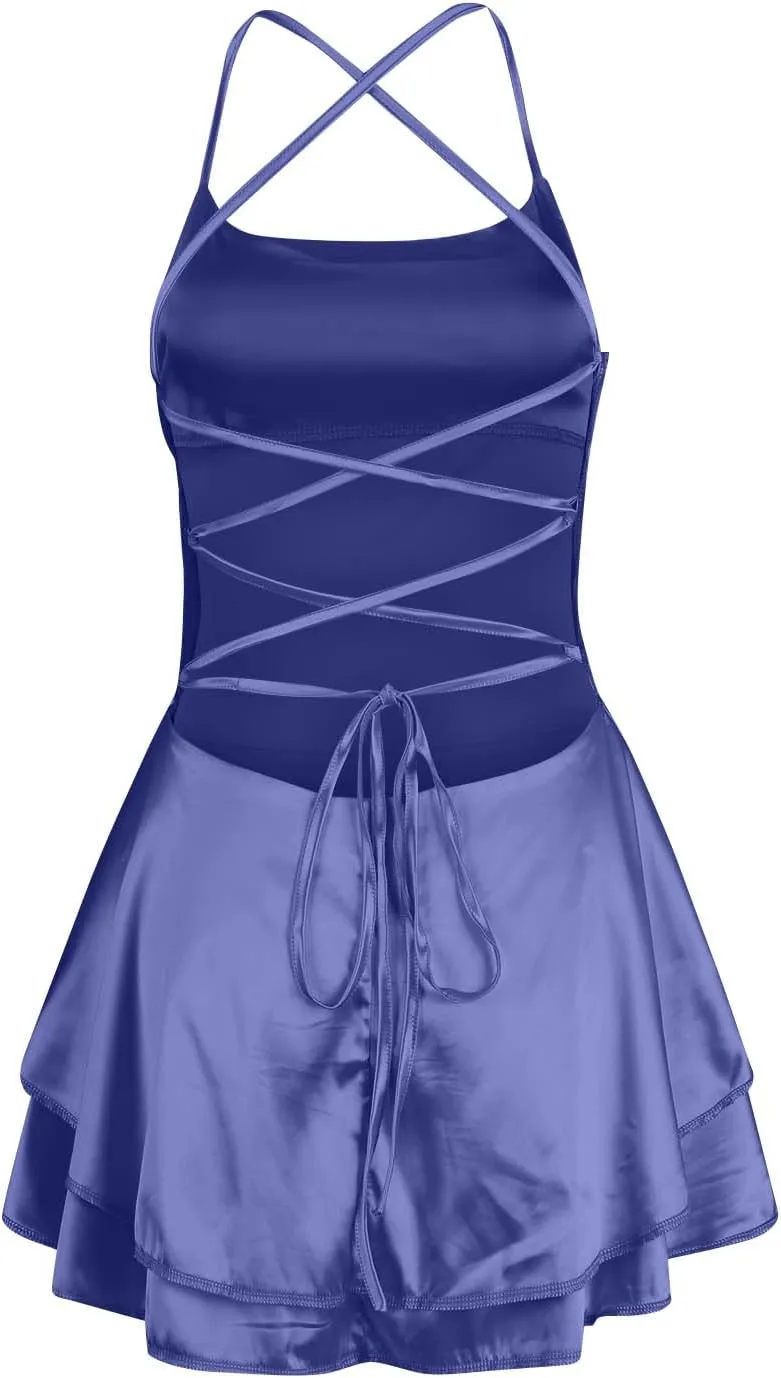Women Sexy Short Romper Satin Dress Backless Tie-Up Spaghetti Strap Ruffle Layer Jumpsuit Summer Mini Dress
