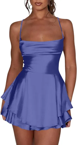 Women Sexy Short Romper Satin Dress Backless Tie-Up Spaghetti Strap Ruffle Layer Jumpsuit Summer Mini Dress