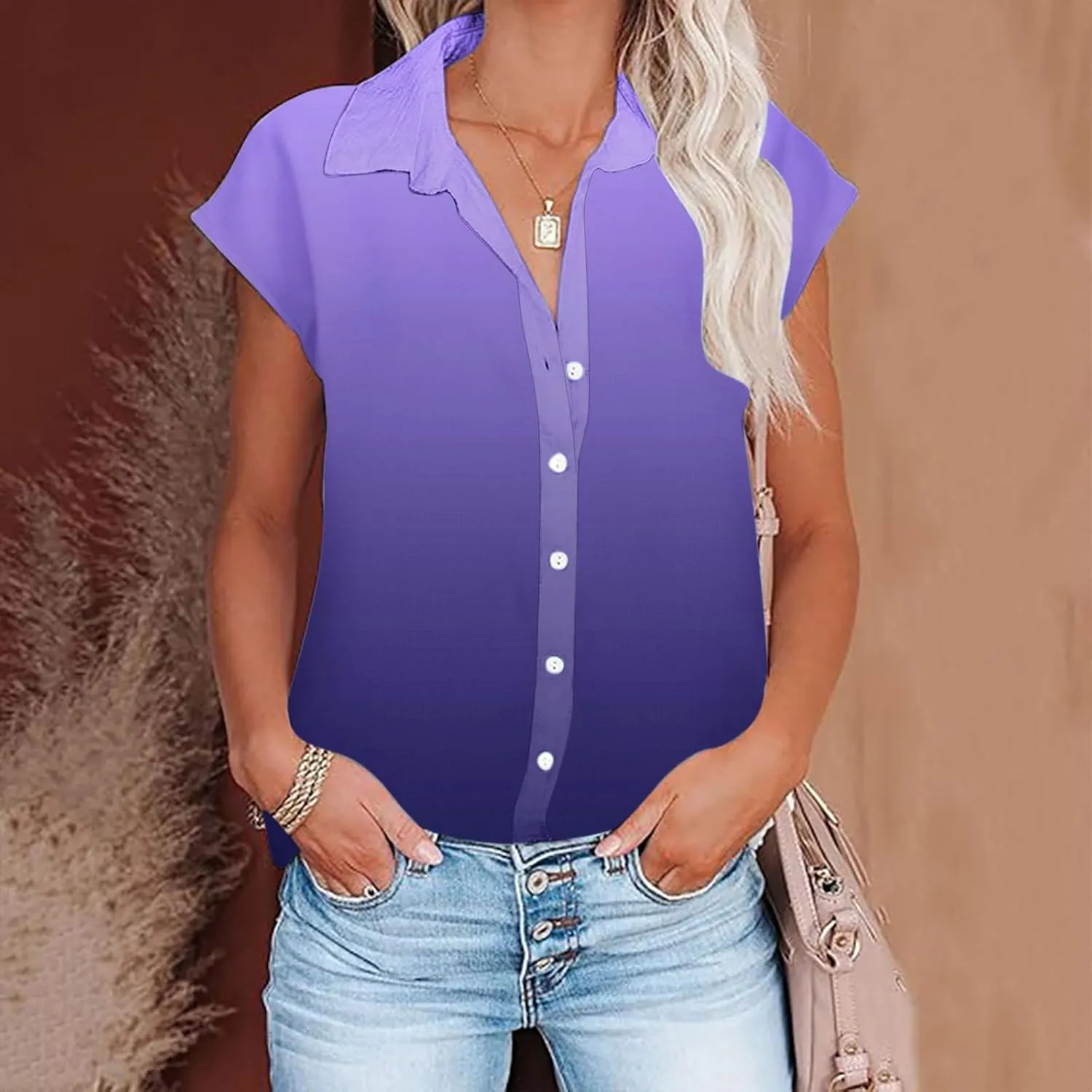 Women Summer Cotton Linen Tops Short Sleeve Button Down Shirts Trendy Dressy Blouse Tops Casual Chambray Clothes 2024