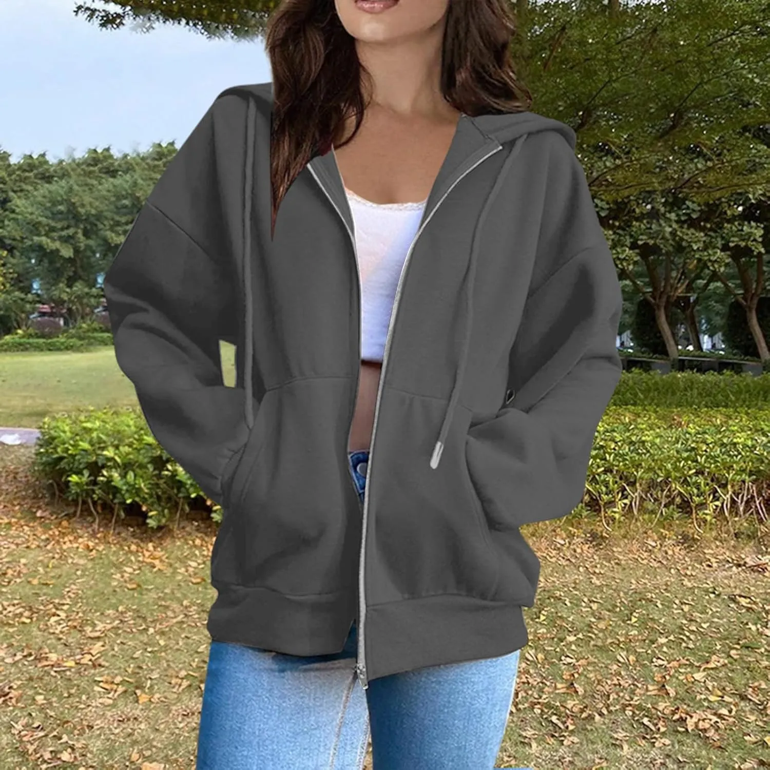 Women Zip Up Hoodie Casual Loose Oversized Sweatshirt Long Sleeve Comfy Fleece Jacket with Pockets Workout Clothes