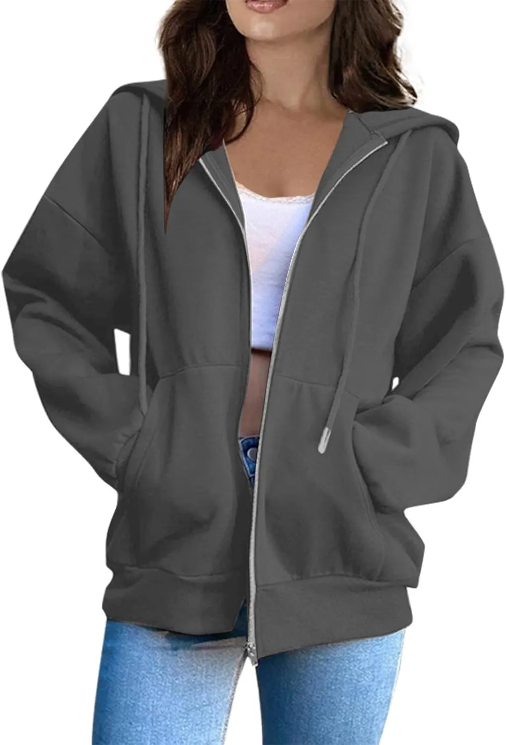 Women Zip Up Hoodie Casual Loose Oversized Sweatshirt Long Sleeve Comfy Fleece Jacket with Pockets Workout Clothes