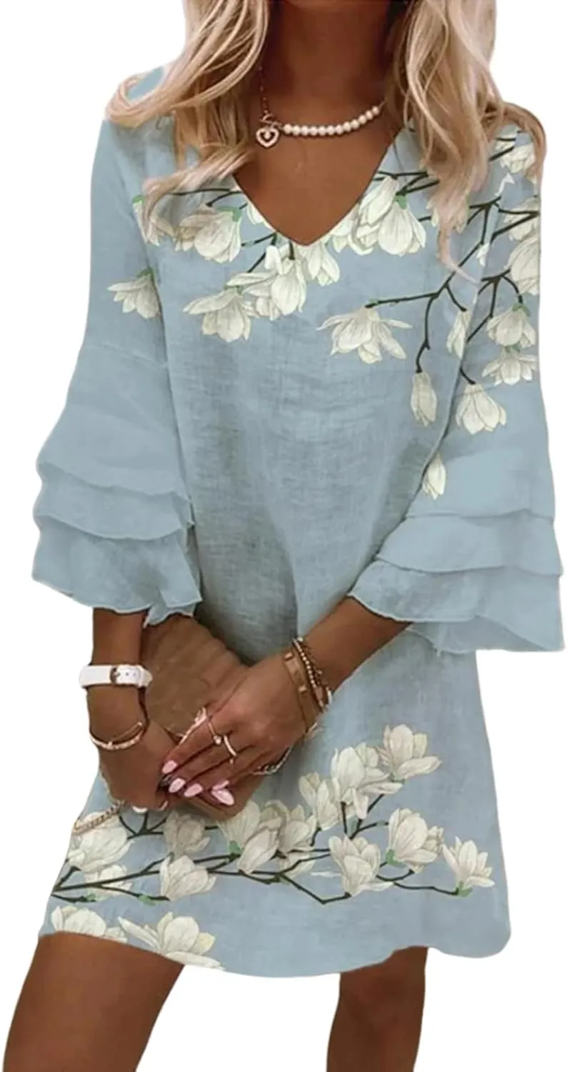 Womens 2025 Breezy Bell Sleeve V-Neck Floral Print Mini Dress Spring Summer Fashion