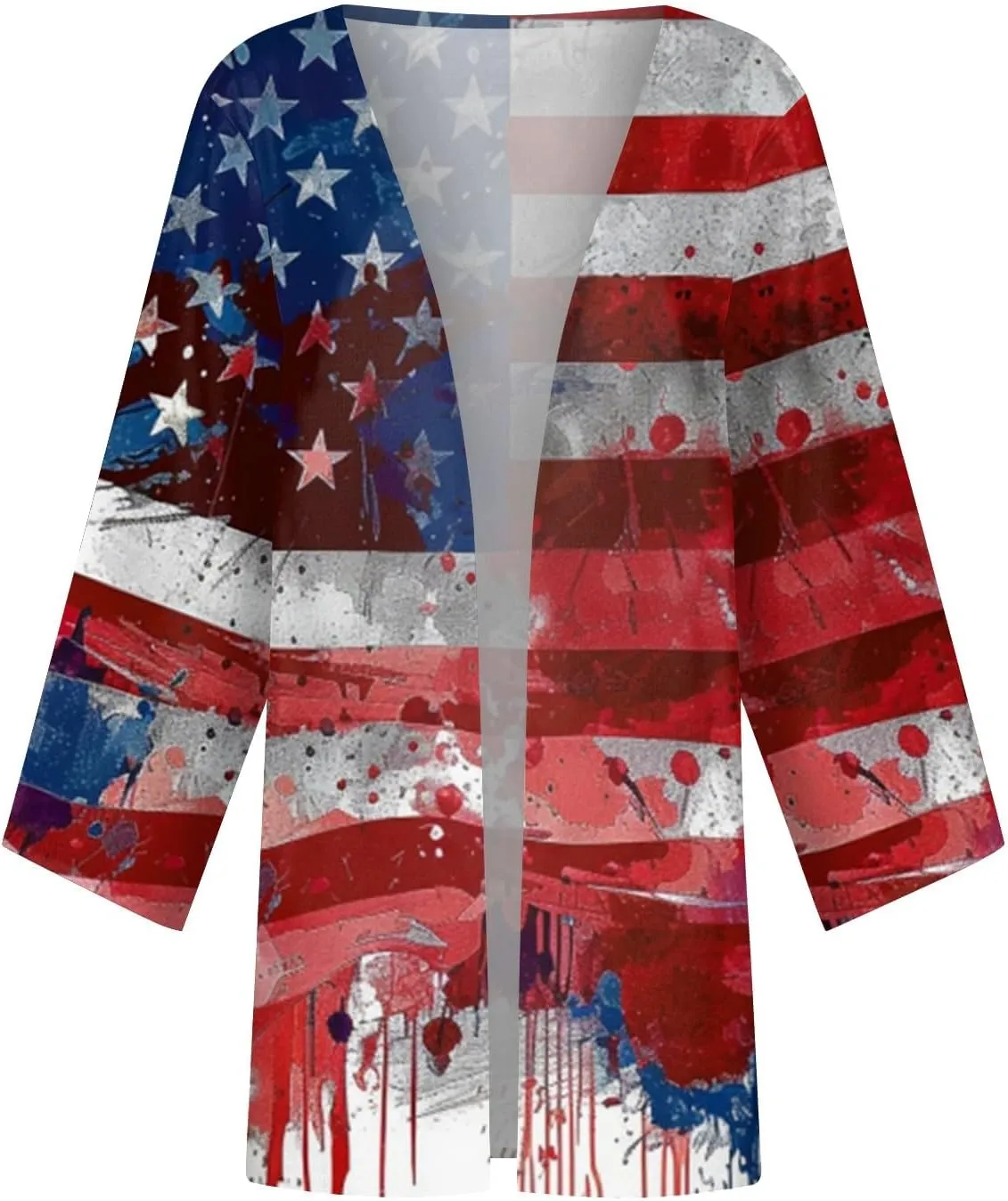 Womens American Flag Stars Cover Ups Kimono Independence Day Loose Cardigans 3/4 Sleeve Open Front Fourth of July Tops