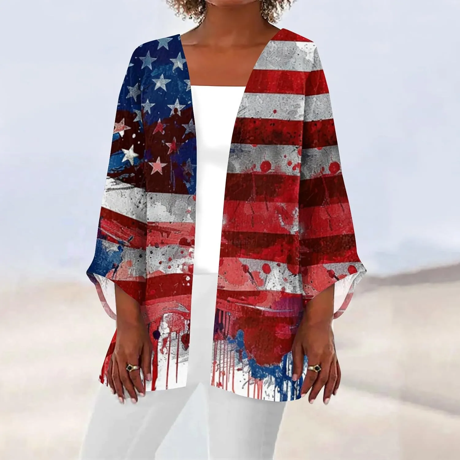 Womens American Flag Stars Cover Ups Kimono Independence Day Loose Cardigans 3/4 Sleeve Open Front Fourth of July Tops