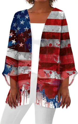 Womens American Flag Stars Cover Ups Kimono Independence Day Loose Cardigans 3/4 Sleeve Open Front Fourth of July Tops