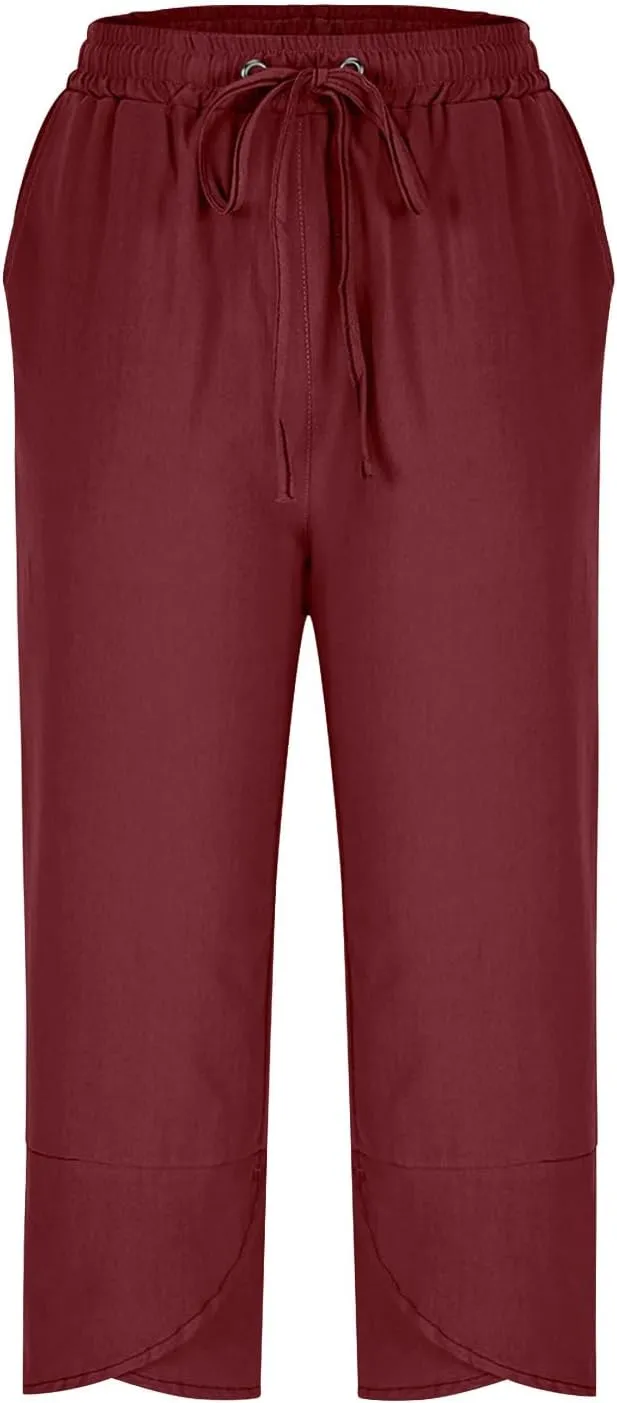 Women's Capri Pants Loose Fit Cotton Linen Pants Casual Drawstring Elastic Waist Capris Ruffle Hem Straight Leg Trousers