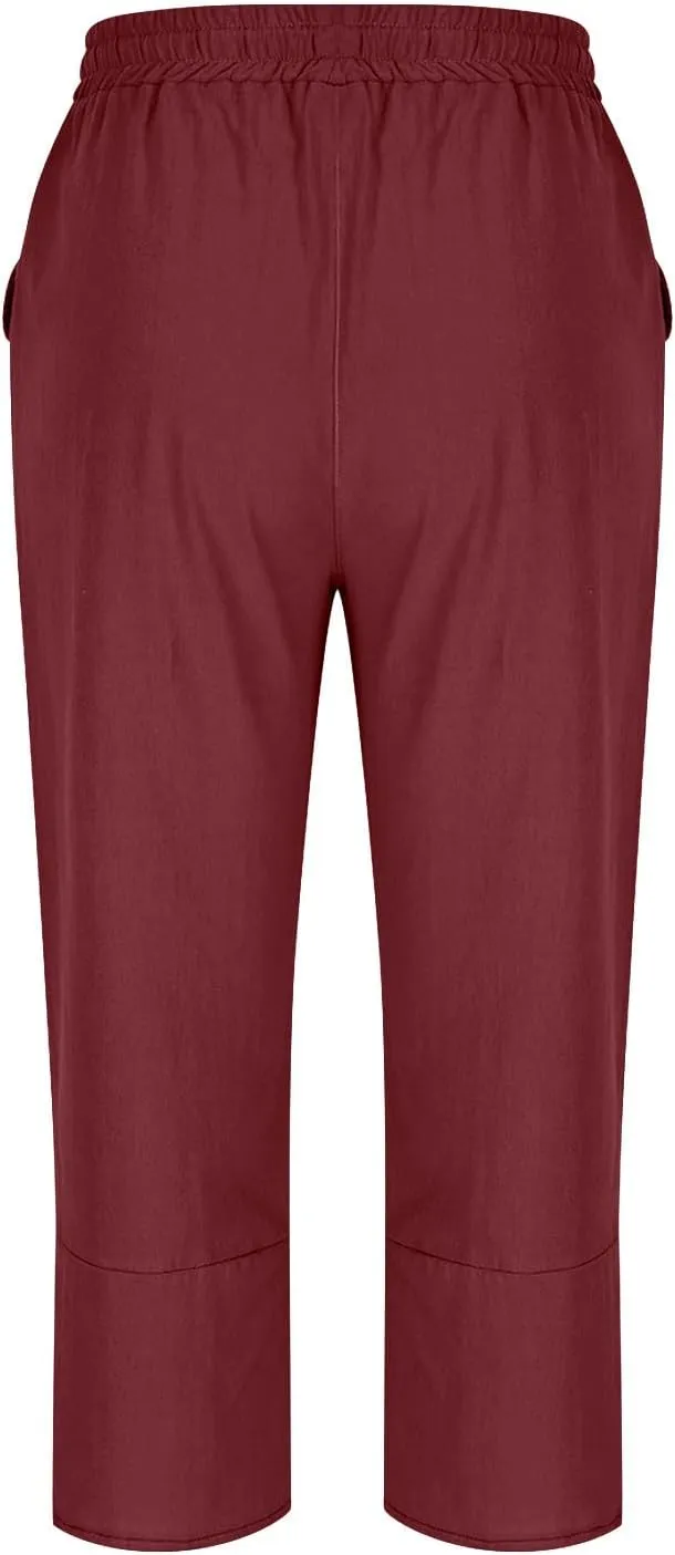Women's Capri Pants Loose Fit Cotton Linen Pants Casual Drawstring Elastic Waist Capris Ruffle Hem Straight Leg Trousers