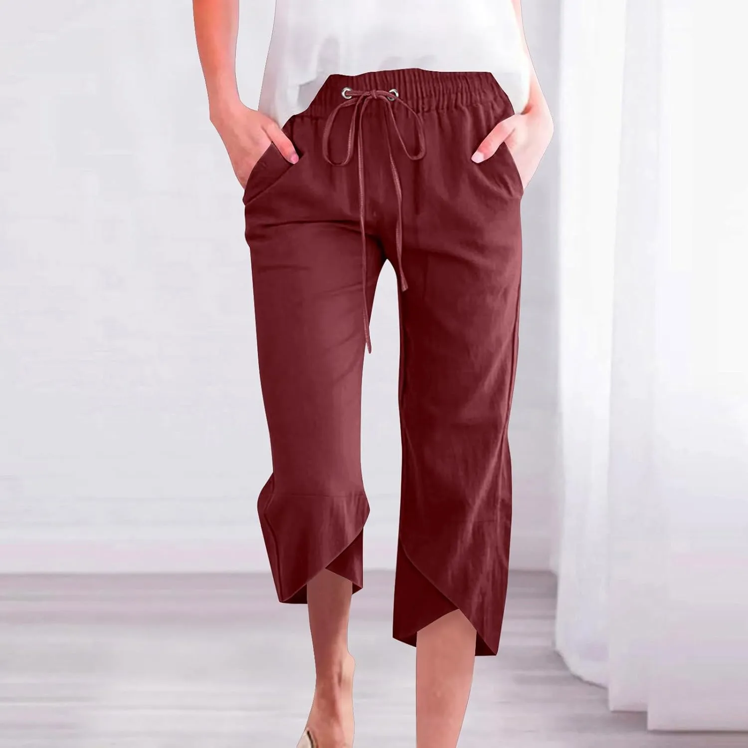 Women's Capri Pants Loose Fit Cotton Linen Pants Casual Drawstring Elastic Waist Capris Ruffle Hem Straight Leg Trousers