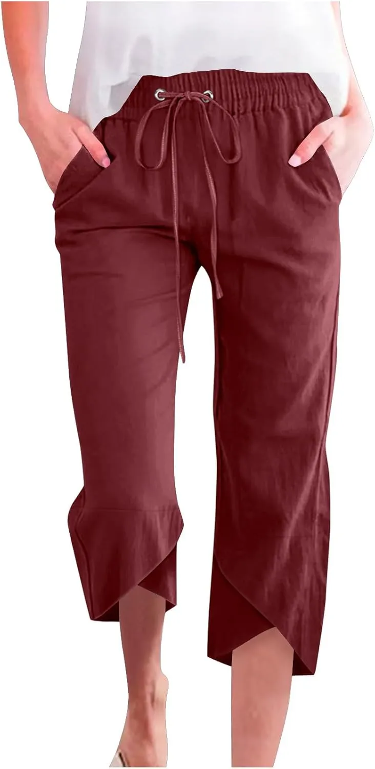 Women's Capri Pants Loose Fit Cotton Linen Pants Casual Drawstring Elastic Waist Capris Ruffle Hem Straight Leg Trousers