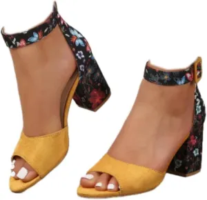 Womens Chunky High Heel Sandals Floral Print Open Toe Ankle Strap Buckle Wedding Bridal Dress Pump Shoes