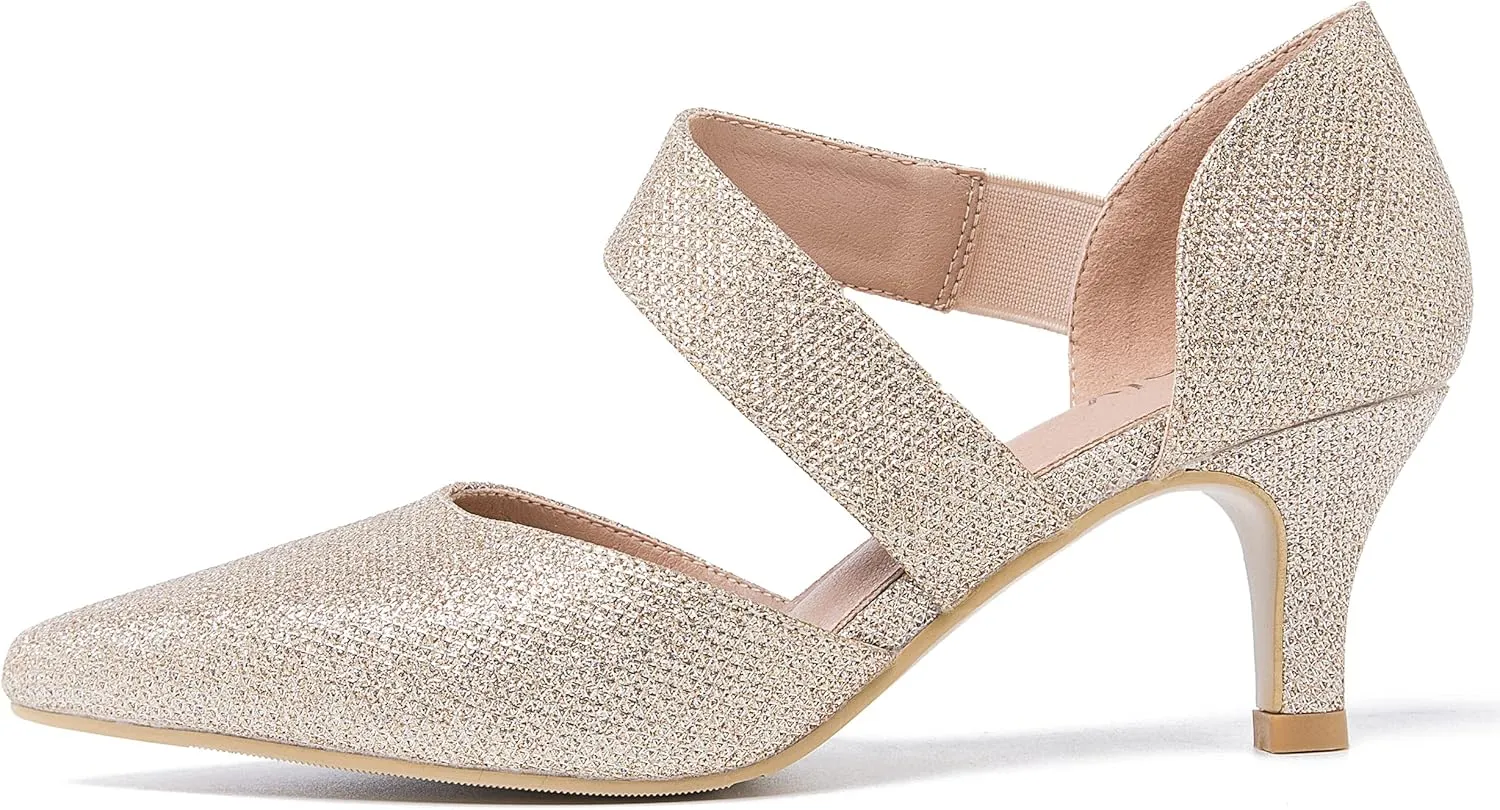 Women's Closed Pointed Toe Heels Strap D'Orsay Kitten Heel Slip On Dressy Pumps
