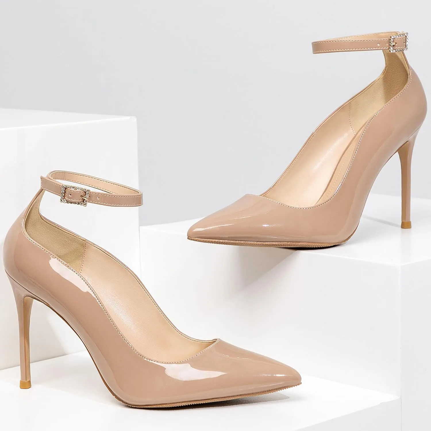 Women's Closed Toe Pointed Toe High Heels Pumps 4IN Stiletto Heels for Women Ankle Strap Dress Wedding Shoes