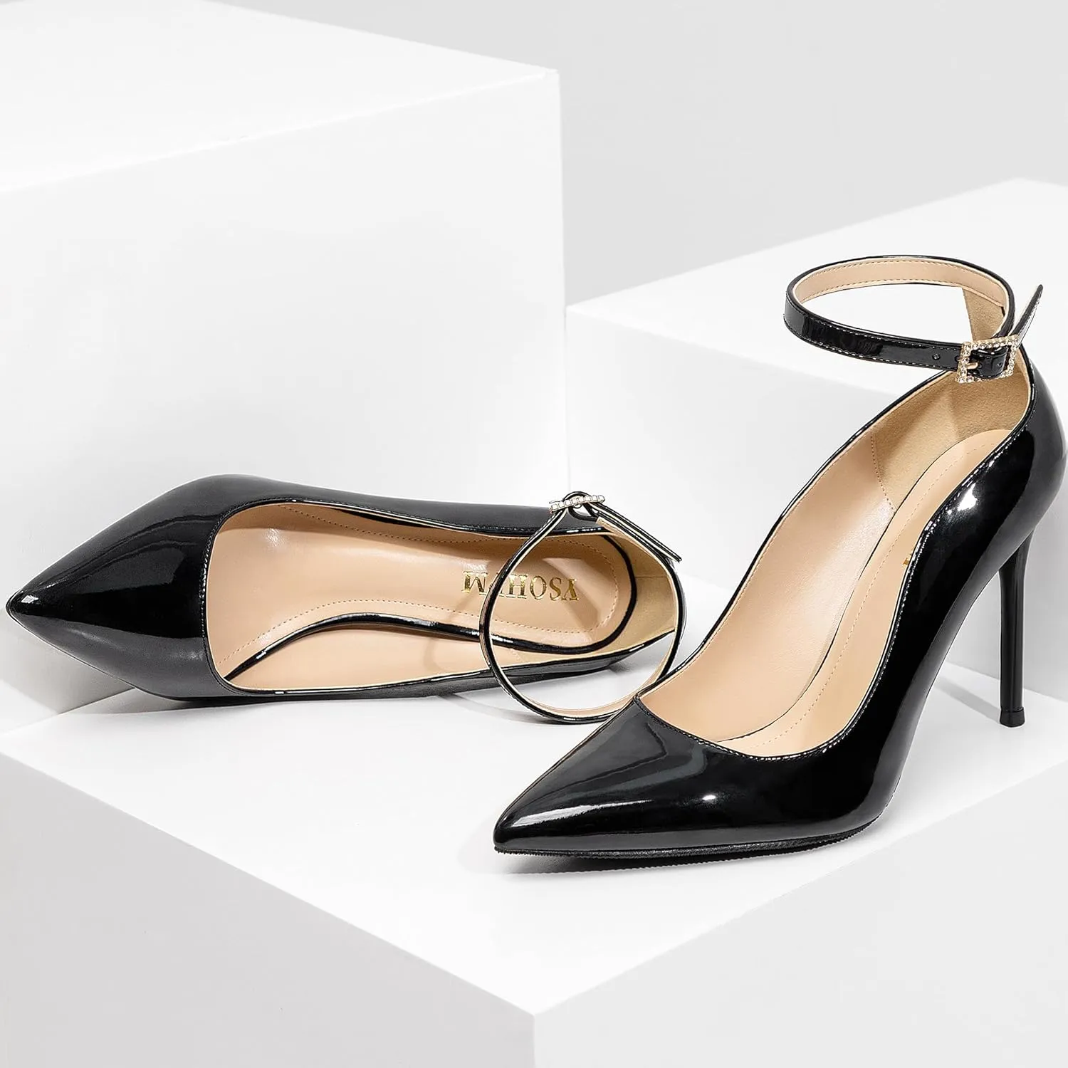Women's Closed Toe Pointed Toe High Heels Pumps 4IN Stiletto Heels for Women Ankle Strap Dress Wedding Shoes