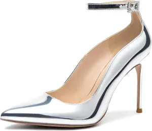 Women's Closed Toe Pointed Toe High Heels Pumps 4IN Stiletto Heels for Women Ankle Strap Dress Wedding Shoes