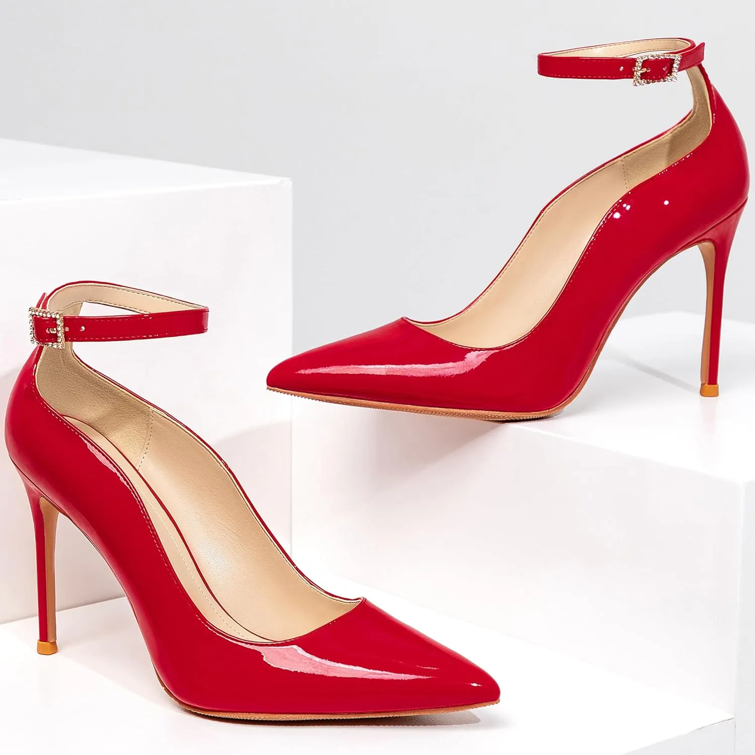 Women's Closed Toe Pointed Toe High Heels Pumps 4IN Stiletto Heels for Women Ankle Strap Dress Wedding Shoes