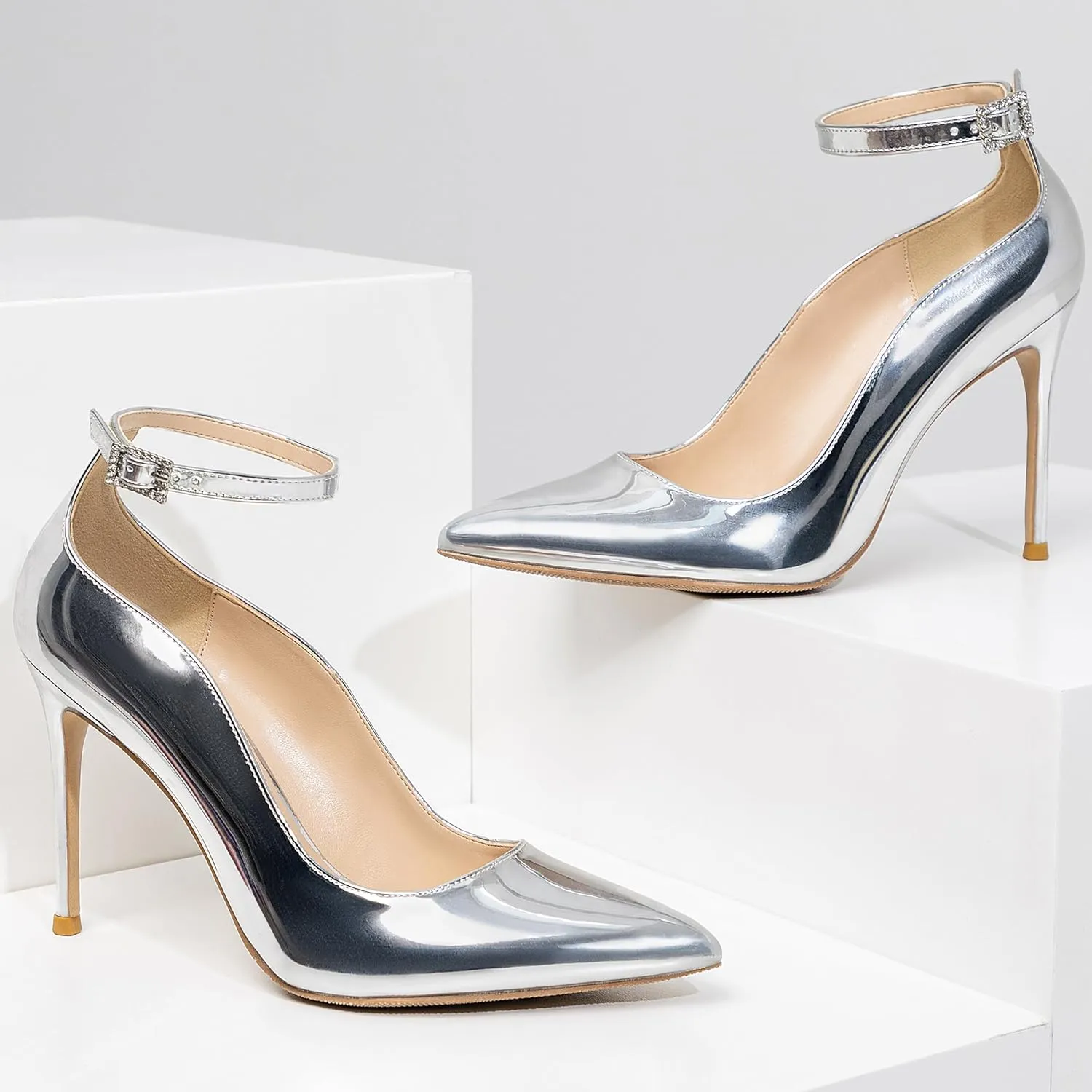 Women's Closed Toe Pointed Toe High Heels Pumps 4IN Stiletto Heels for Women Ankle Strap Dress Wedding Shoes