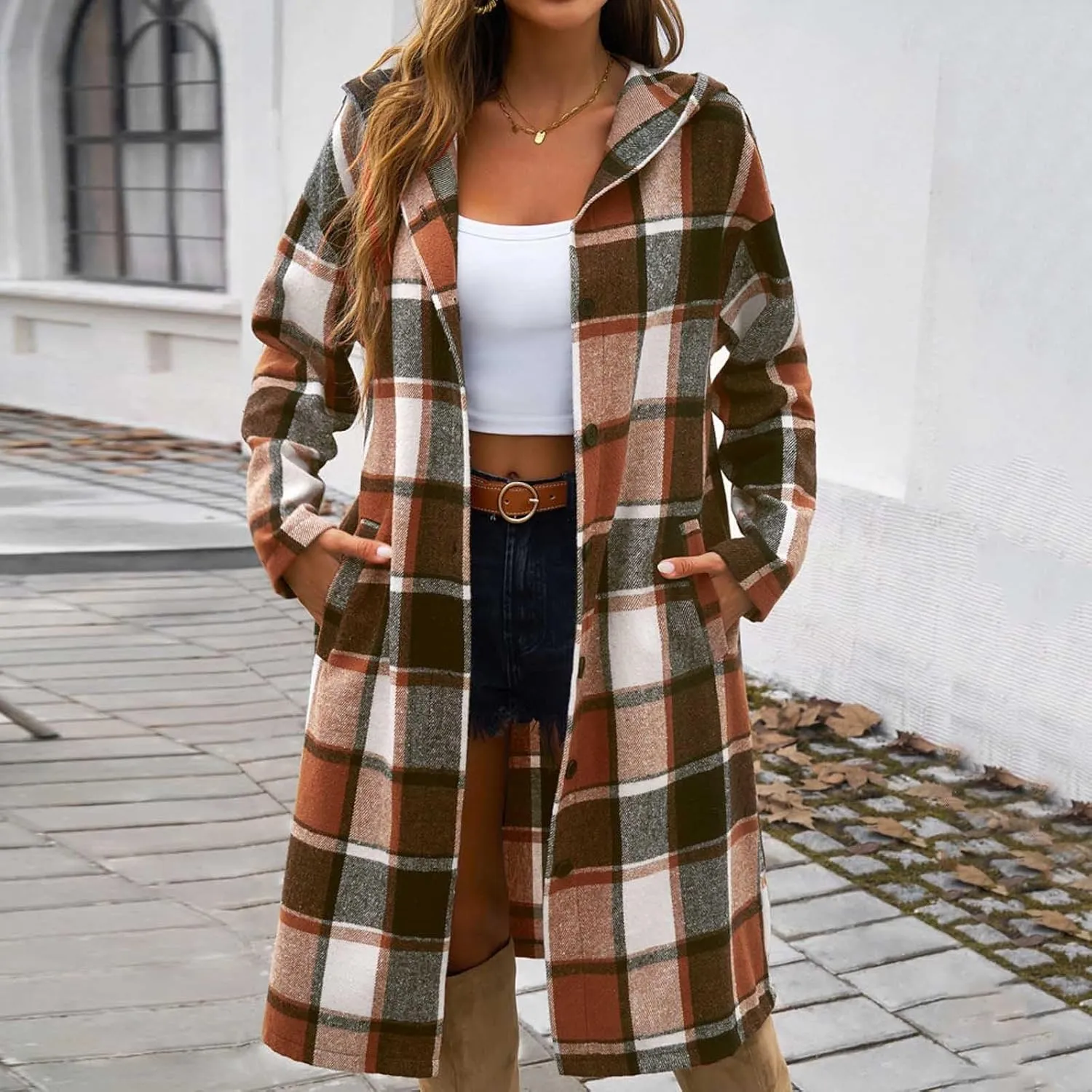 Women's Color Block Plaid Shirts Button Down Long Sleeve Pockets Blouse Tops Fashion Coat Winter Trench Coats for Womens Coat