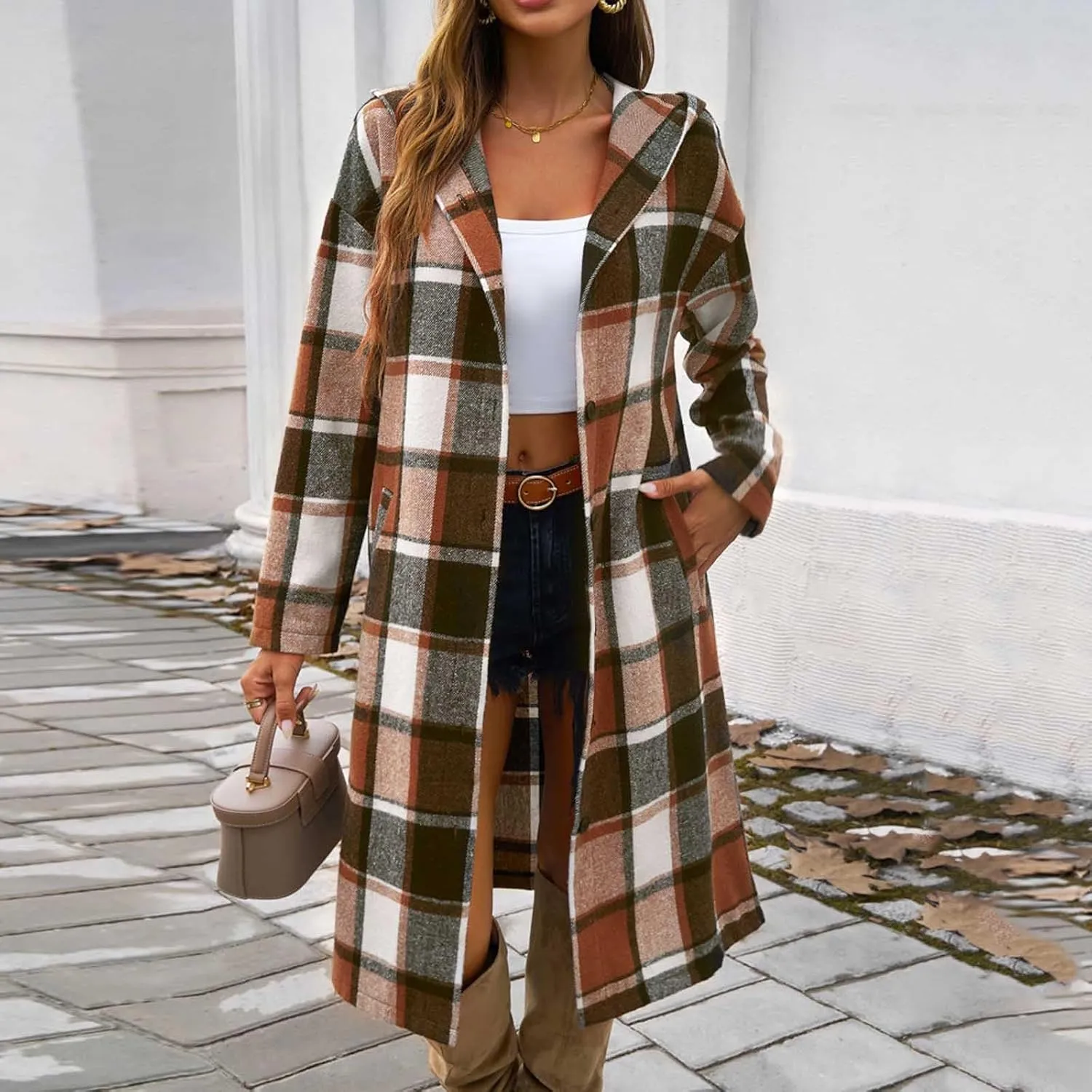Women's Color Block Plaid Shirts Button Down Long Sleeve Pockets Blouse Tops Fashion Coat Winter Trench Coats for Womens Coat