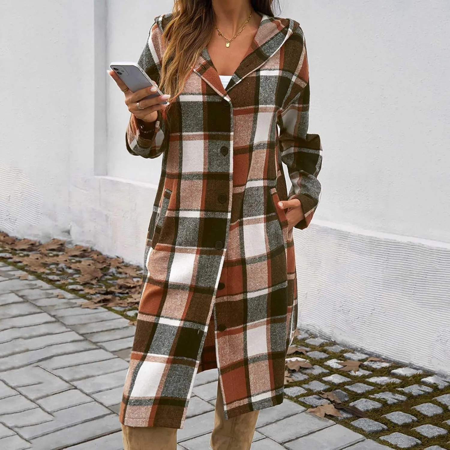 Women's Color Block Plaid Shirts Button Down Long Sleeve Pockets Blouse Tops Fashion Coat Winter Trench Coats for Womens Coat