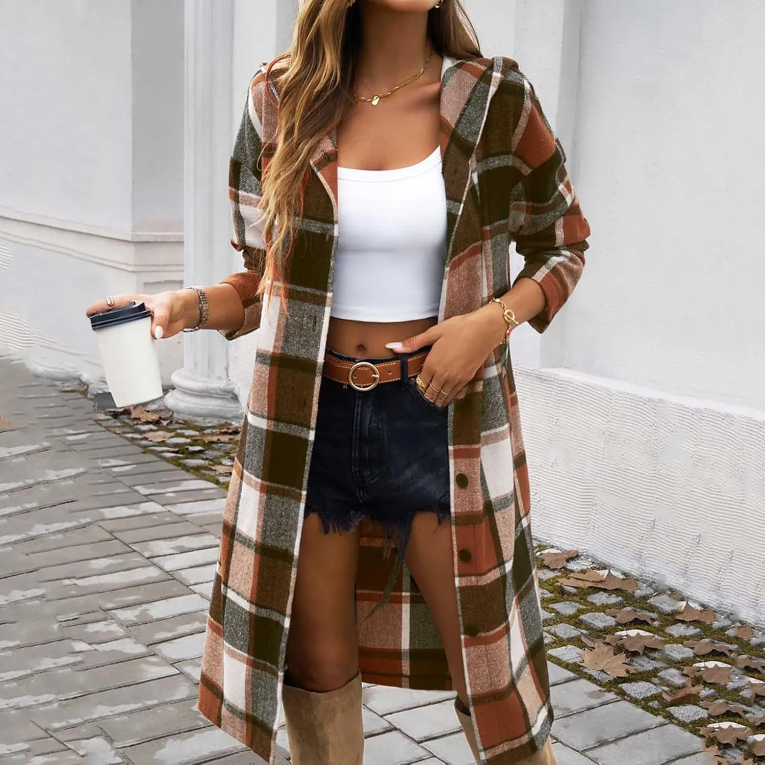 Women's Color Block Plaid Shirts Button Down Long Sleeve Pockets Blouse Tops Fashion Coat Winter Trench Coats for Womens Coat