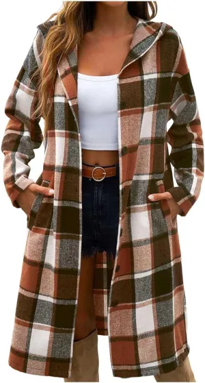 Women's Color Block Plaid Shirts Button Down Long Sleeve Pockets Blouse Tops Fashion Coat Winter Trench Coats for Womens Coat