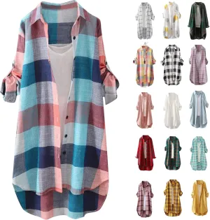 Womens Cotton Long Sleeve Plaid Jacket Fall Oversized Lightweight Coat Casual Loose High Low Button Down Tunic Shirts