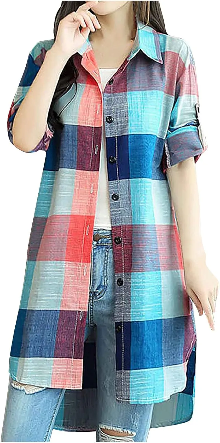 Womens Cotton Long Sleeve Plaid Jacket Fall Oversized Lightweight Coat Casual Loose High Low Button Down Tunic Shirts