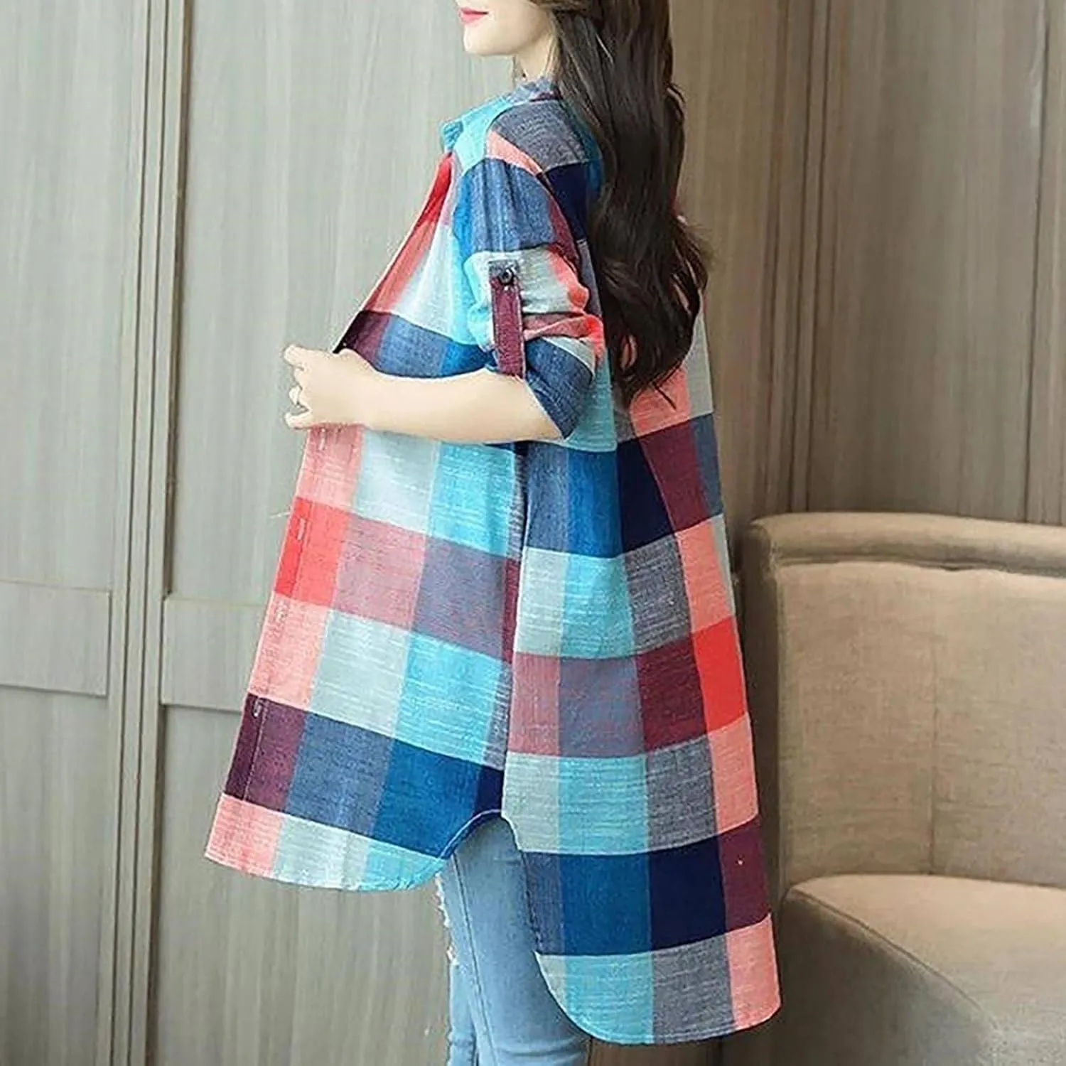 Womens Cotton Long Sleeve Plaid Jacket Fall Oversized Lightweight Coat Casual Loose High Low Button Down Tunic Shirts