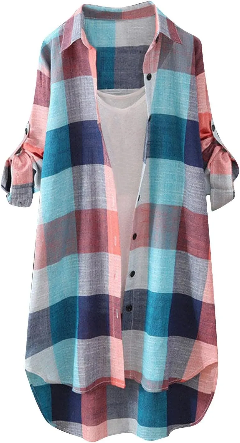 Womens Cotton Long Sleeve Plaid Jacket Fall Oversized Lightweight Coat Casual Loose High Low Button Down Tunic Shirts