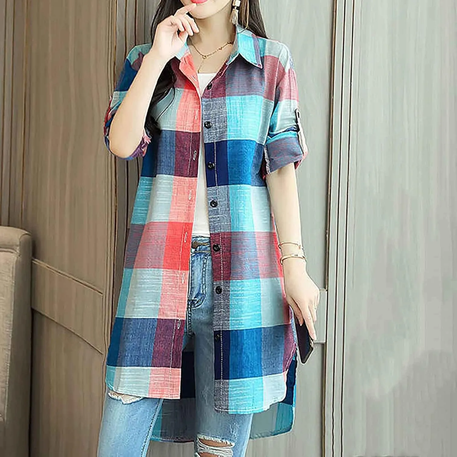 Womens Cotton Long Sleeve Plaid Jacket Fall Oversized Lightweight Coat Casual Loose High Low Button Down Tunic Shirts