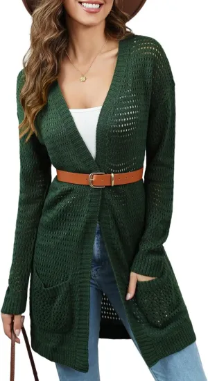 Women's Crochet Cardigan Sweater Lightweight Long Sleeve Open Front Oversized Hollow Out Knit Cardigans with Pockets Belt